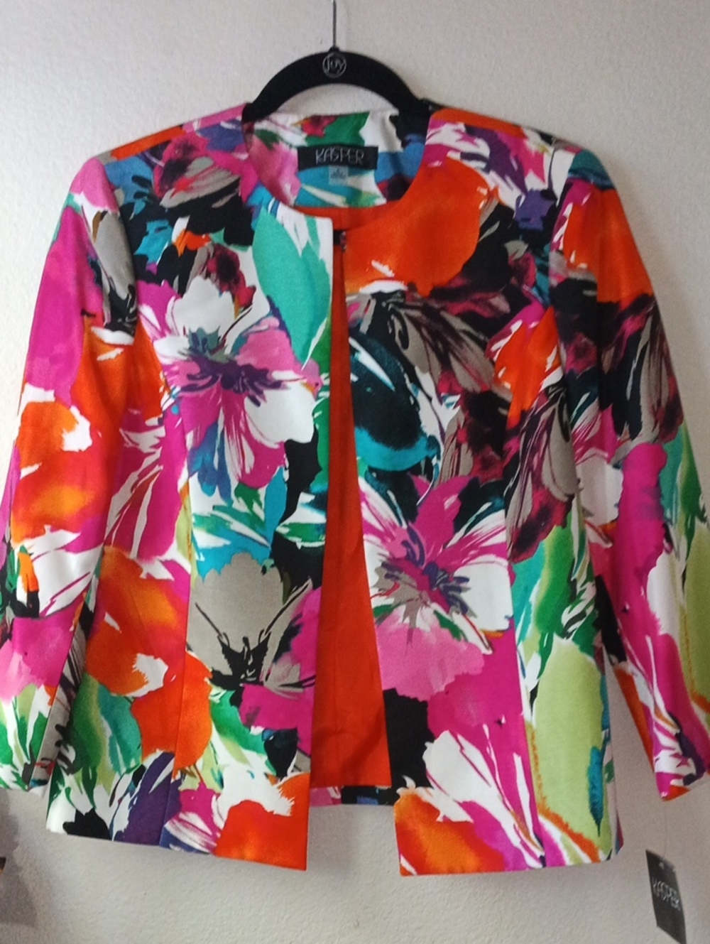 Kasper "Tiger Lily" Bright Floral Open-Front Blazer in Pink Orange Green Blue